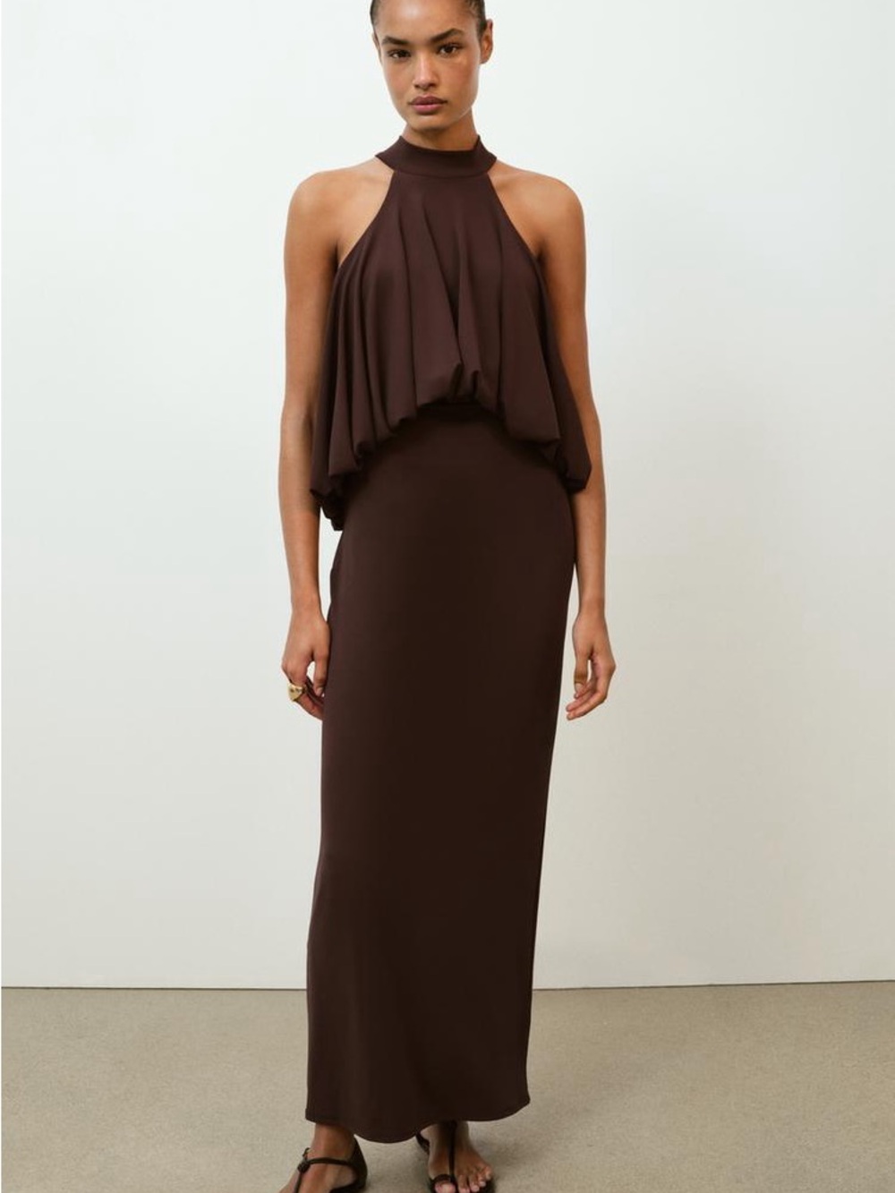 Zara Chocolate Brown Halter Blouson Maxi Dress